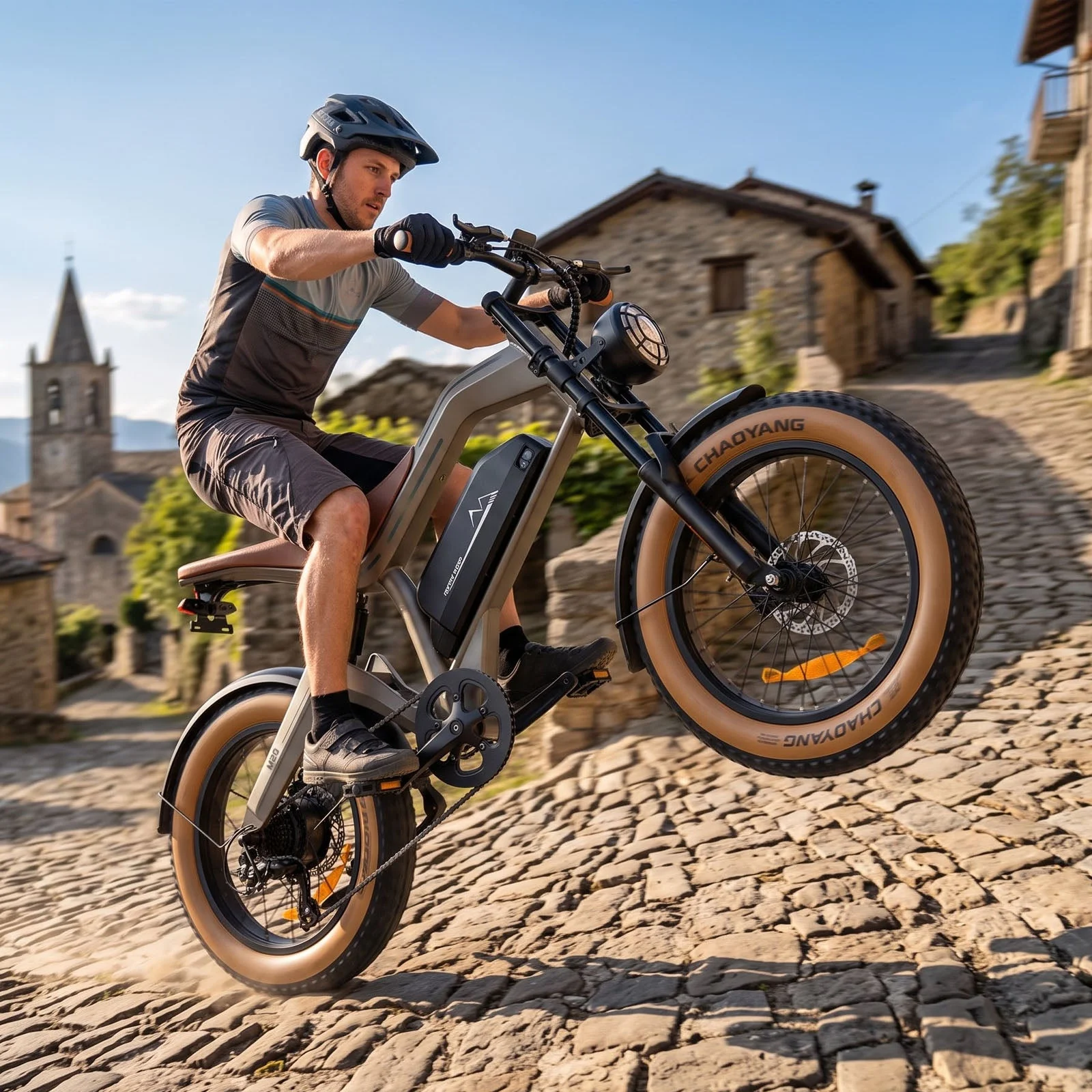 DYU M20 brown moped-style fat-tire electric bike — side view
