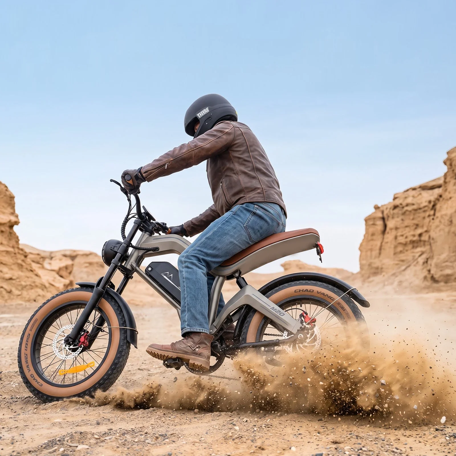 DYU M20 brown moped-style fat-tire electric bike — three-quarter front view