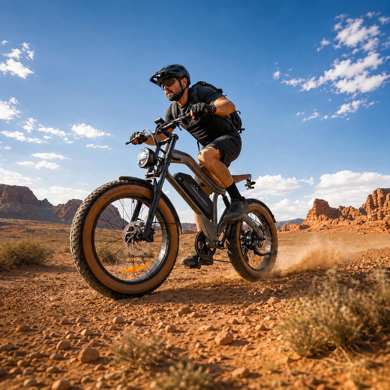 DYU M20 brown moped-style fat-tire electric bike — side view