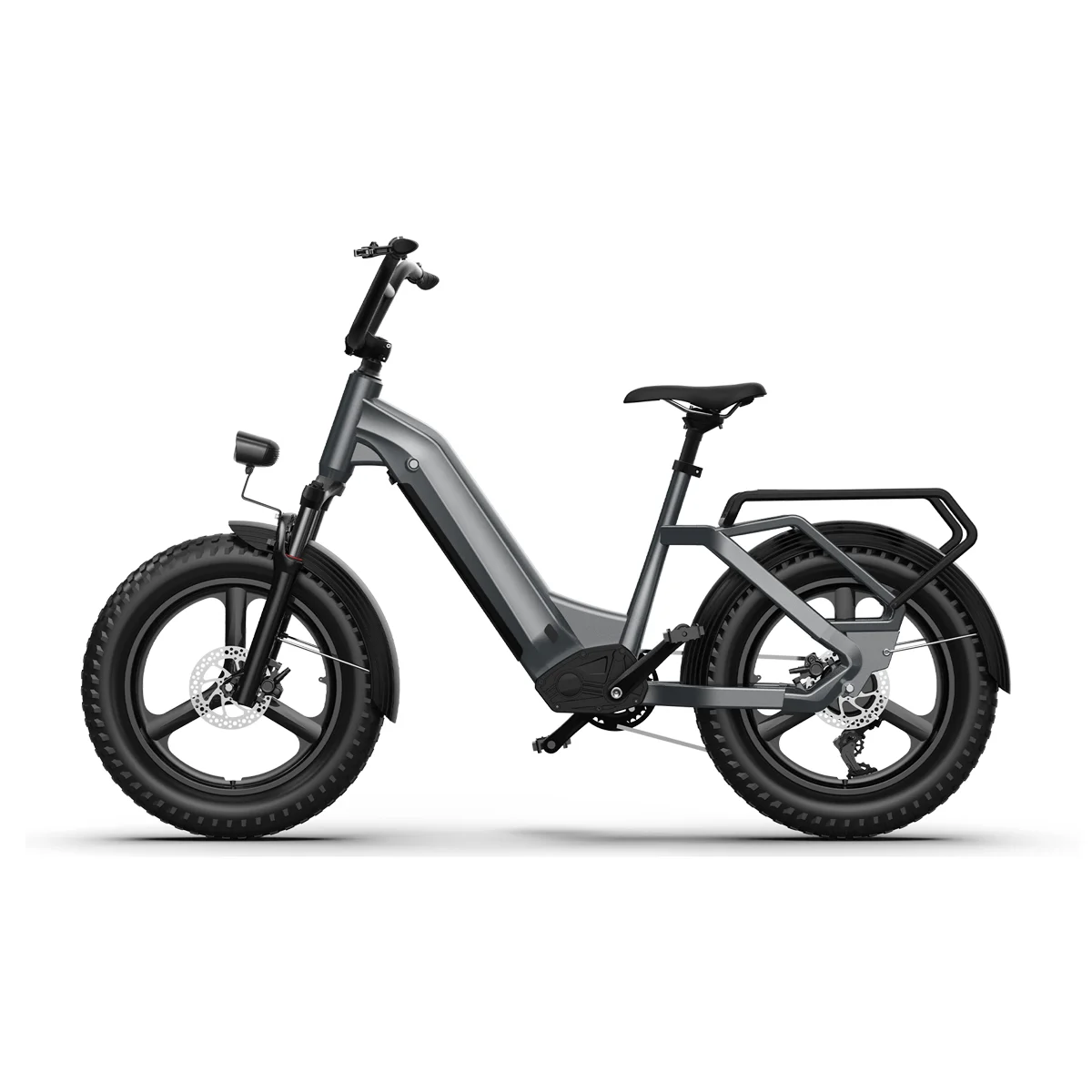 HD C4 grey step-through electric cargo bike with rear rack — side view