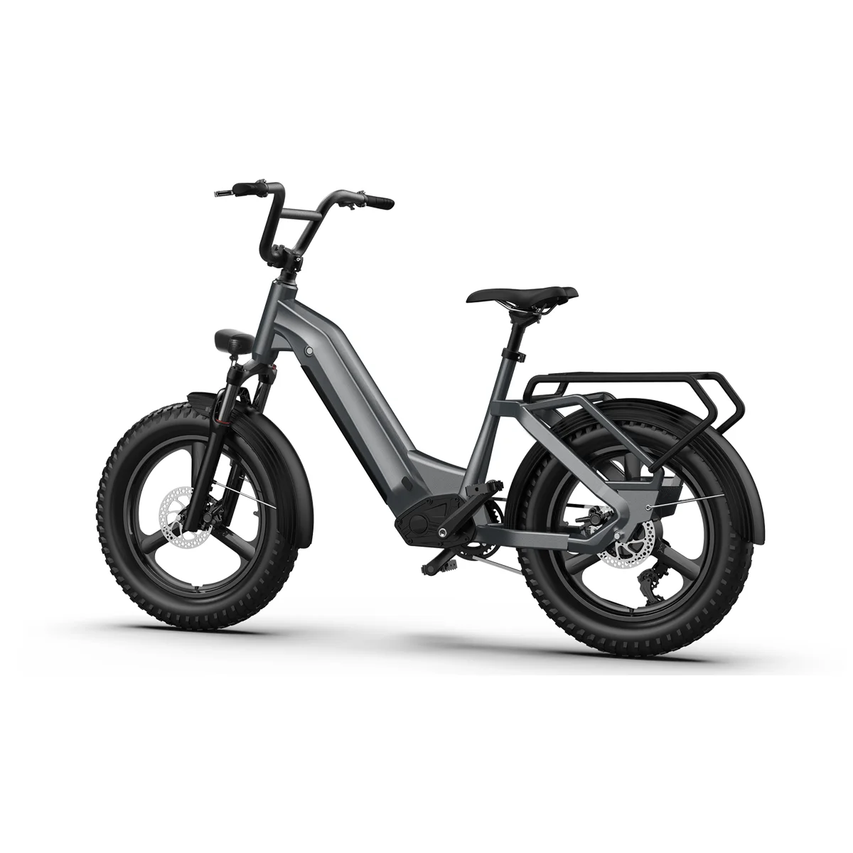 HD C4 grey step-through electric cargo bike with rear rack — three-quarter view
